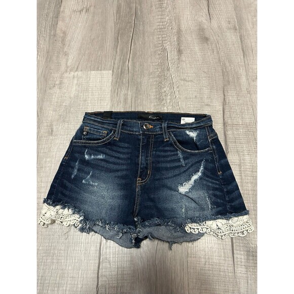 KanCan Women's Size 25 Blue Distressed Denim Jean Shorts With Lace Accent - Picture 1 of 6